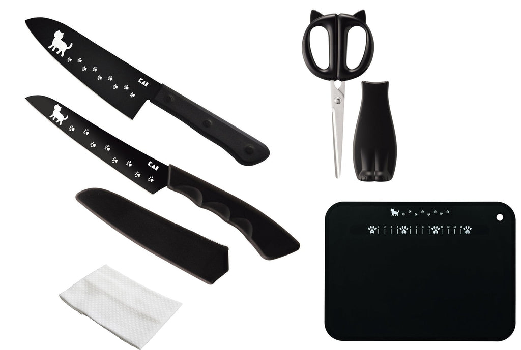 Kai Nyammy Cat Knife Set, Santoku Knife, Fruit Scissors, Wood Board, and Towel