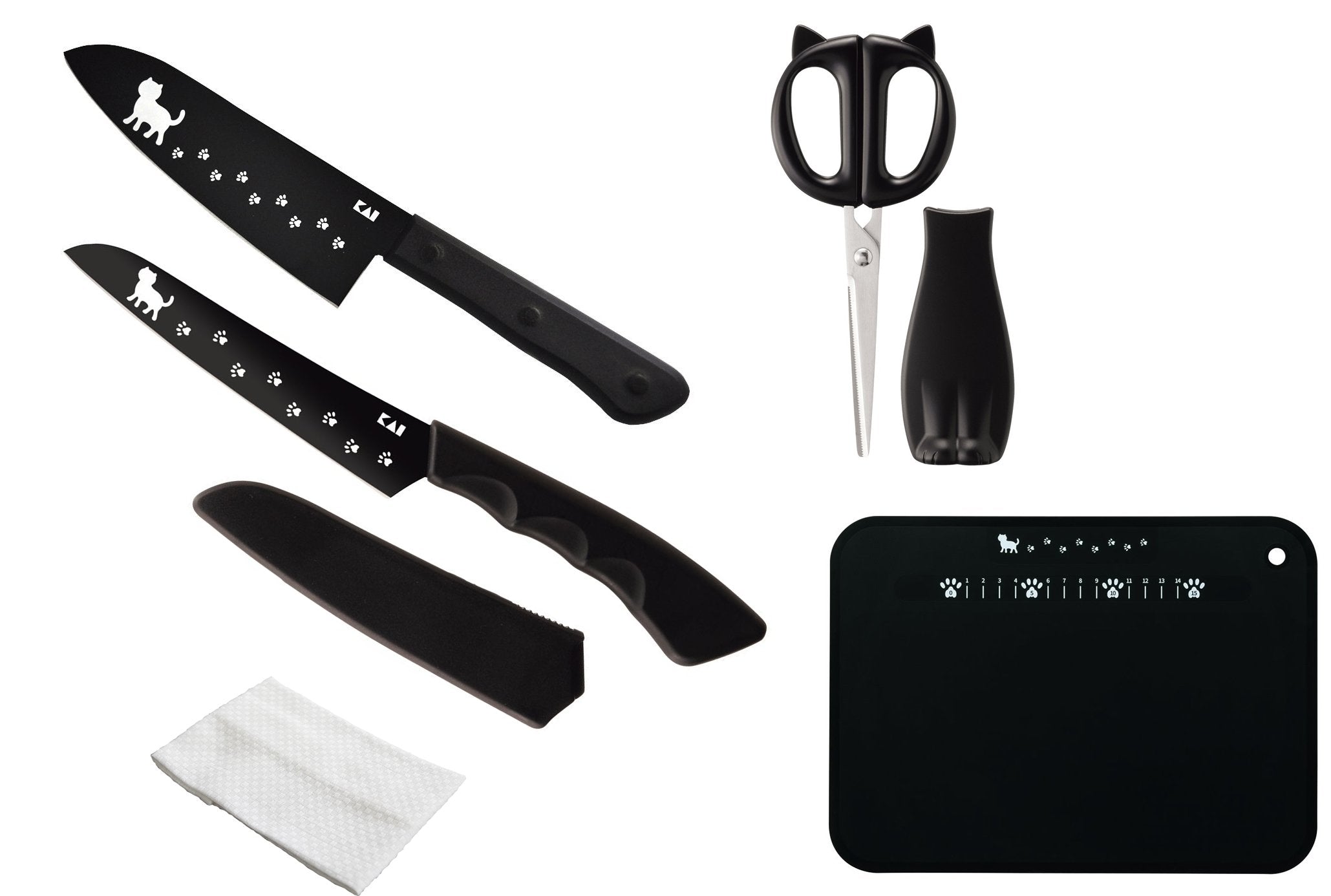 Kai Nyammy Cat Knife Set, Santoku Knife, Fruit Scissors, Wood Board, and Towel