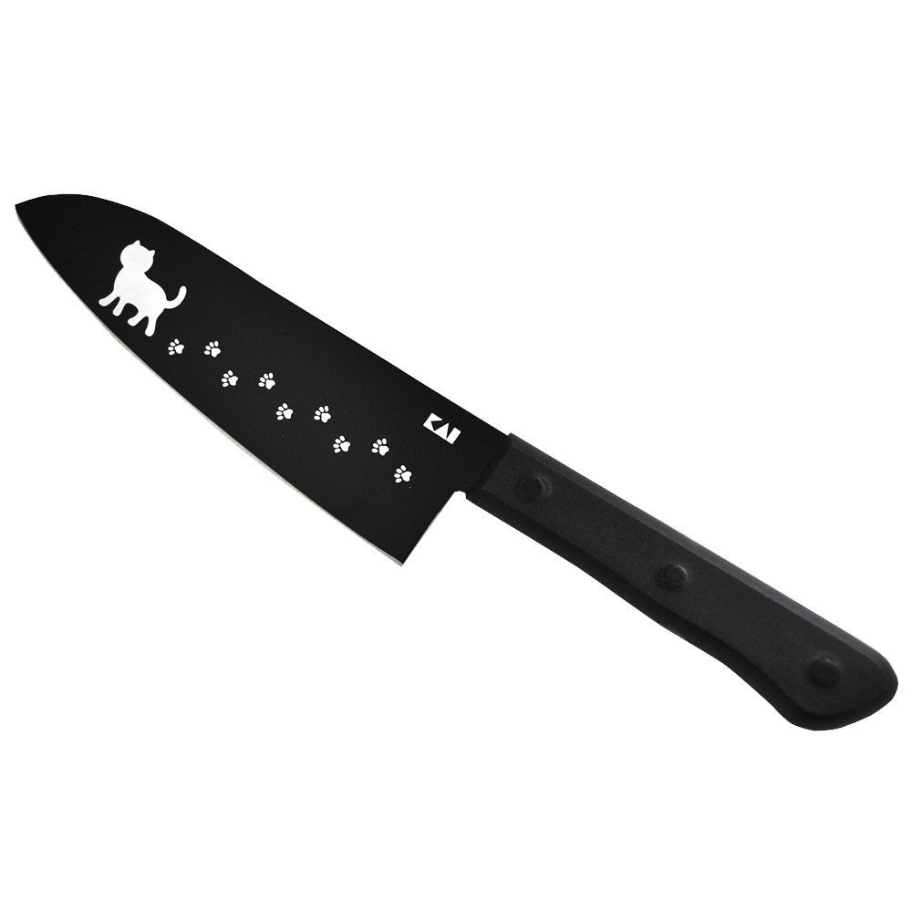 Kai Nyammy Cat Knife Set, Santoku Knife, Fruit Scissors, Wood Board, and Towel