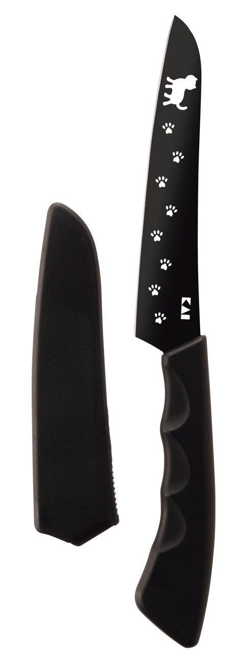 Kai Nyammy Cat Knife Set, Santoku Knife, Fruit Scissors, Wood Board, and Towel